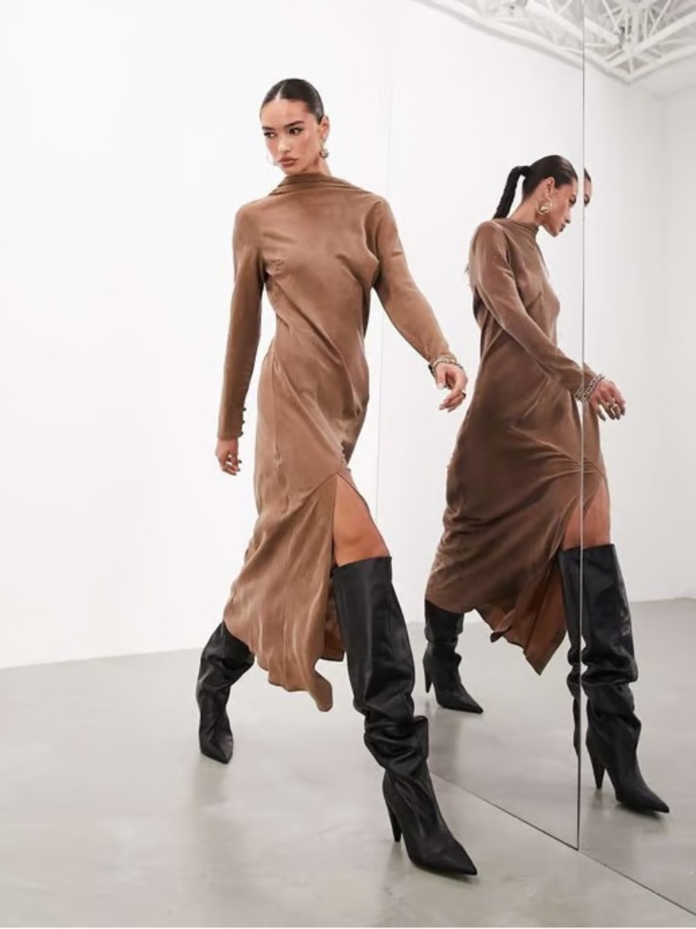ASOS EDITION long sleeve high neck maxi dress in brown